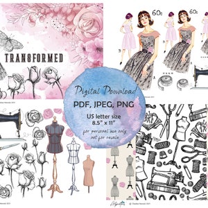 May include: Digital download set of printable illustrations featuring a vintage sewing machine, dress forms, scissors, and roses. The set includes a pattern of scissors on a light background. The text "TRANSFORMED" is included in the image.