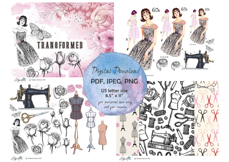 K&ouml;nnte beinhalten: Digitaler Download-Satz mit druckbaren Illustrationen, die eine Vintage-N&auml;hmaschine, Schneiderpuppen, Scheren und Rosen zeigen. Der Satz enth&auml;lt ein Muster aus Scheren auf hellem Hintergrund. Der Text "TRANSFORMED" ist im Bild enthalten.