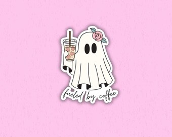 Fueled by Coffee Ghost Sticker: Spooky Halloween Stationery