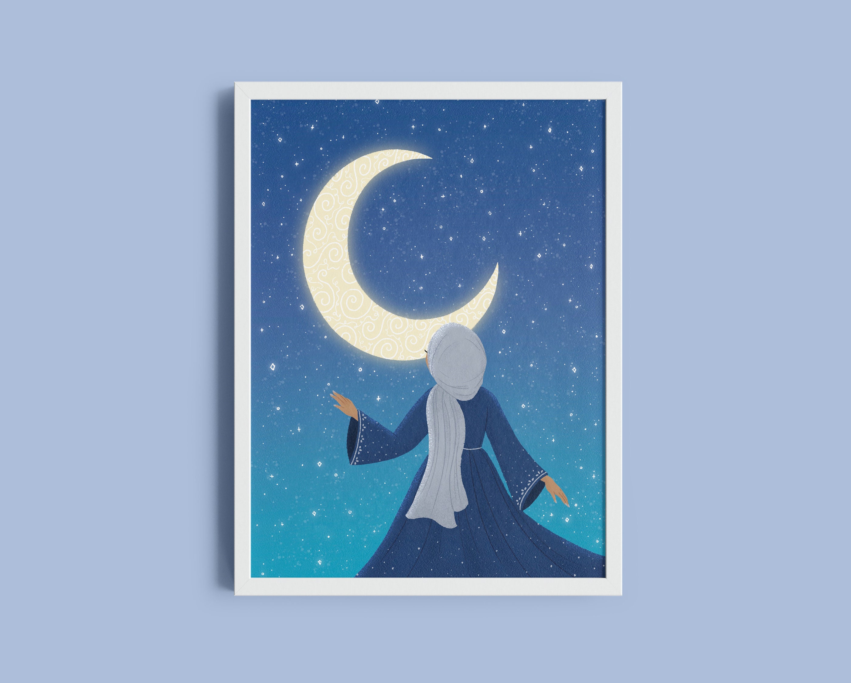 Girl & Moon | Art Print | Cute Hijabi Art Prints | Islamic Art Prints | Aesthetic Art Prints | souqustudio
