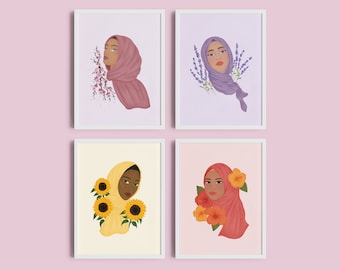 Flower Hijabis | Art Print Series | Cute Hijabi Art Prints | Islamic Art Prints | Aesthetic Art Prints | souqustudio