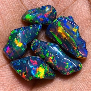 May include: Five polished black opals with a dark base color and vibrant flashes of neon green, bright yellow, electric blue, and fiery red. These irregular, smooth-surfaced gemstones display a high degree of color play and internal light reflection.
