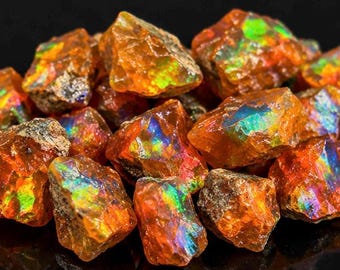 May include: A collection of raw, unpolished fire opal stones featuring a deep orange and reddish-brown base colour. Each stone displays a vibrant, multi-coloured play-of-colour with flashes of neon green, yellow, and blue light across the surfaces.