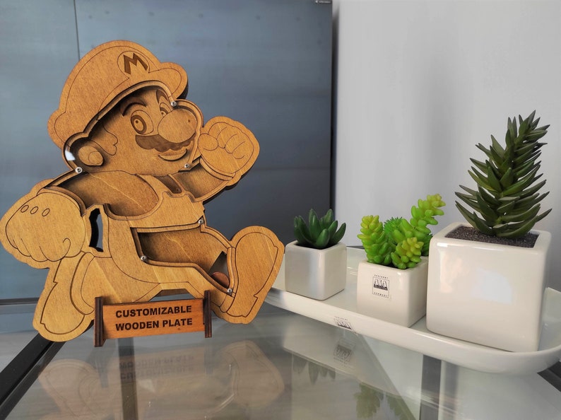 Personalized Super Mario Wooden Moneybox for Desk or Wall Coin Game