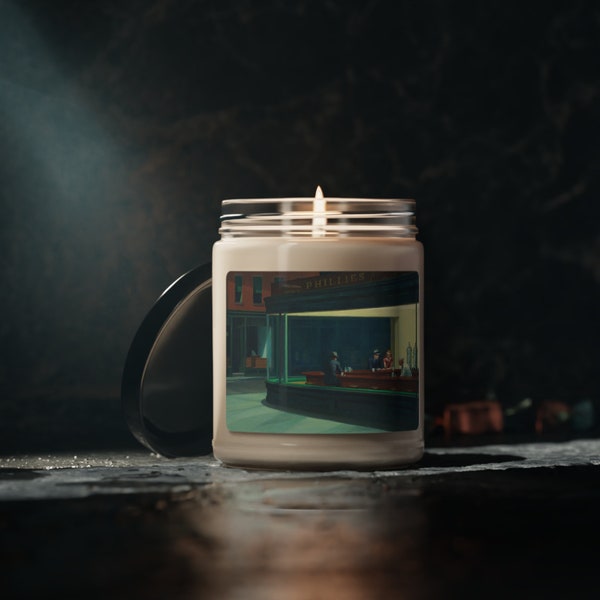 Edward Hopper's Nighthawks - 9oz Classical Painting Scented Candle | Unique Home Decor | Eco-Friendly Soy Wax | Art Lover Housewarming Gift