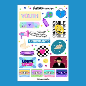 Retromania Sticker Sheet, Y2K, Cute, TXT, Smiley, Retro, Journal, Planner, Scrapbook, TomorrowbyTogether