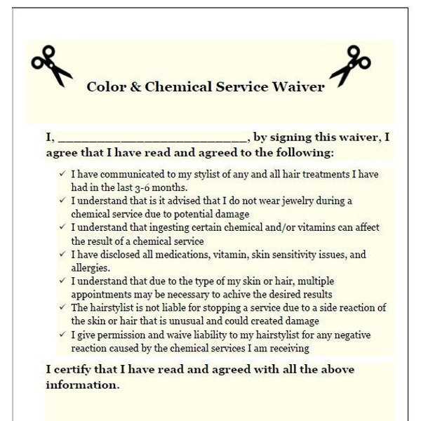 EASY Waiver -Color and Chemical Services - Hair Stylist Form - Salon - Editable ~ Word & PDF - Digital Download