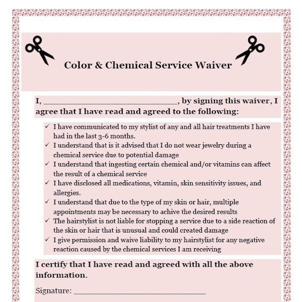 Hair Color Waiver Form Salon Etsy