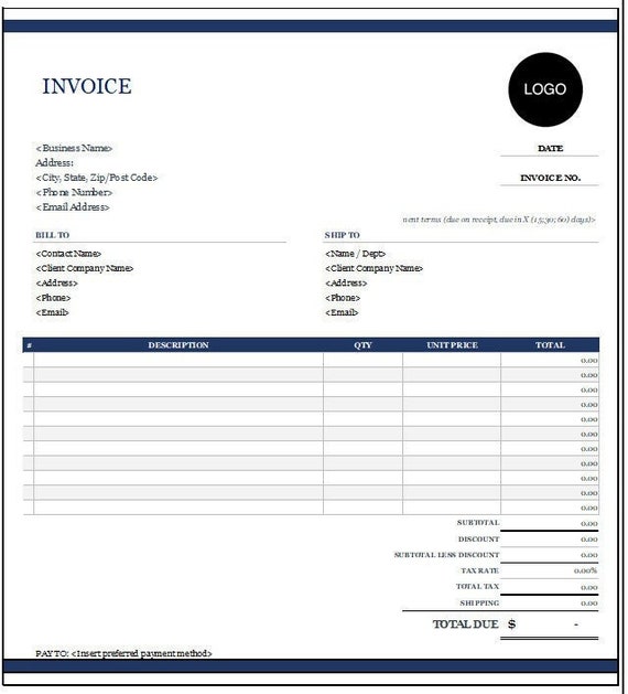 Invoice Invoice Template W Shipping Invoice Template Excel Etsy