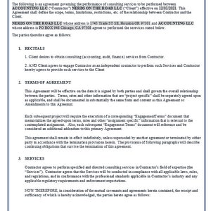 May include: A black and white document with the title "Services Agreement" and text outlining the terms of a consulting services agreement between Accounting LLC and Nerds on the Road LLC. The agreement is effective on 12/01/2021.