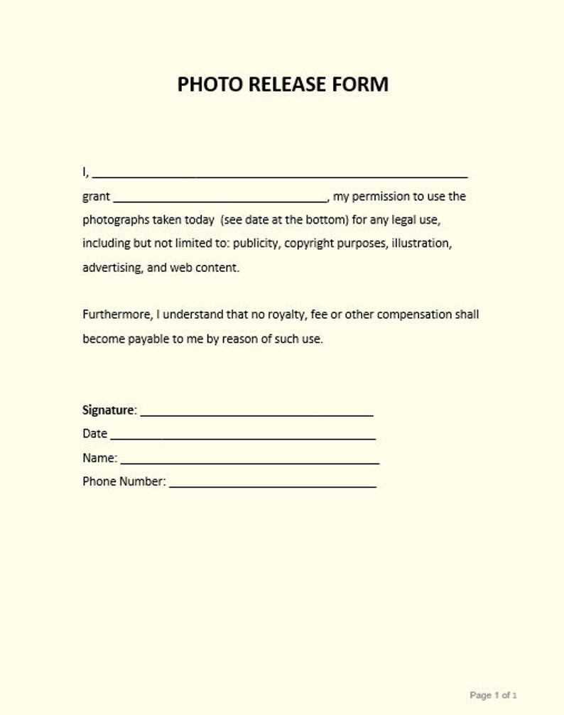EASY Photo Release Form - General Digital Print and Template. Customize ...