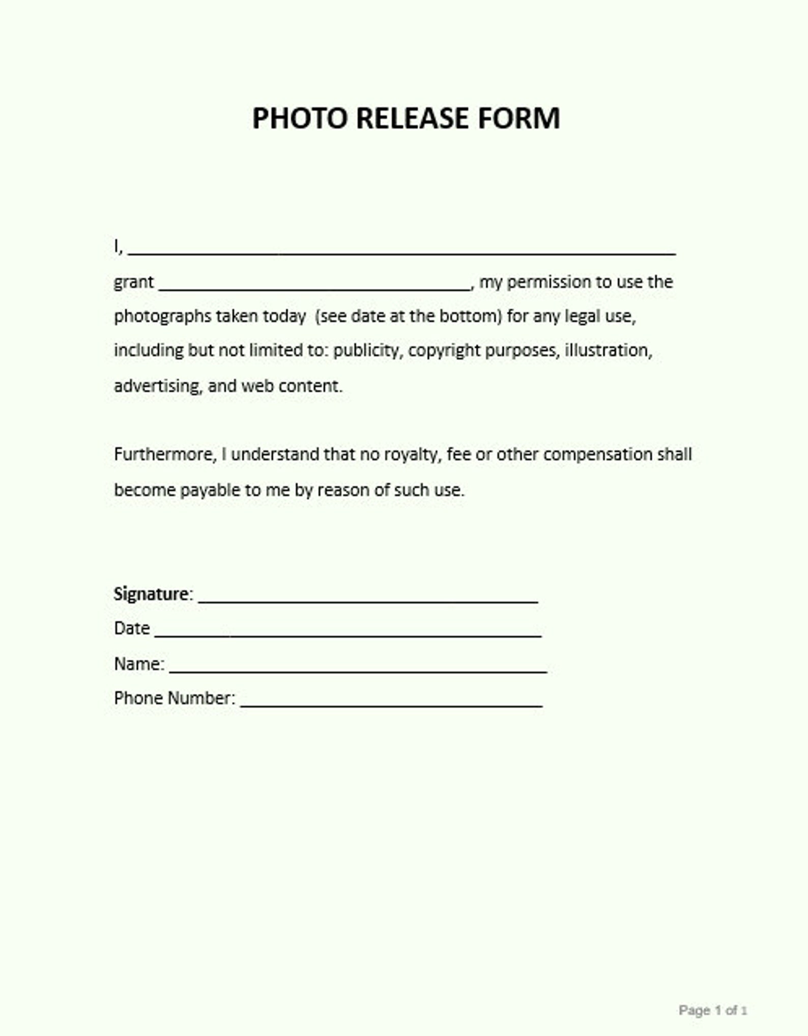 EASY Photo Release Form - General Digital Print and Template. Customize ...