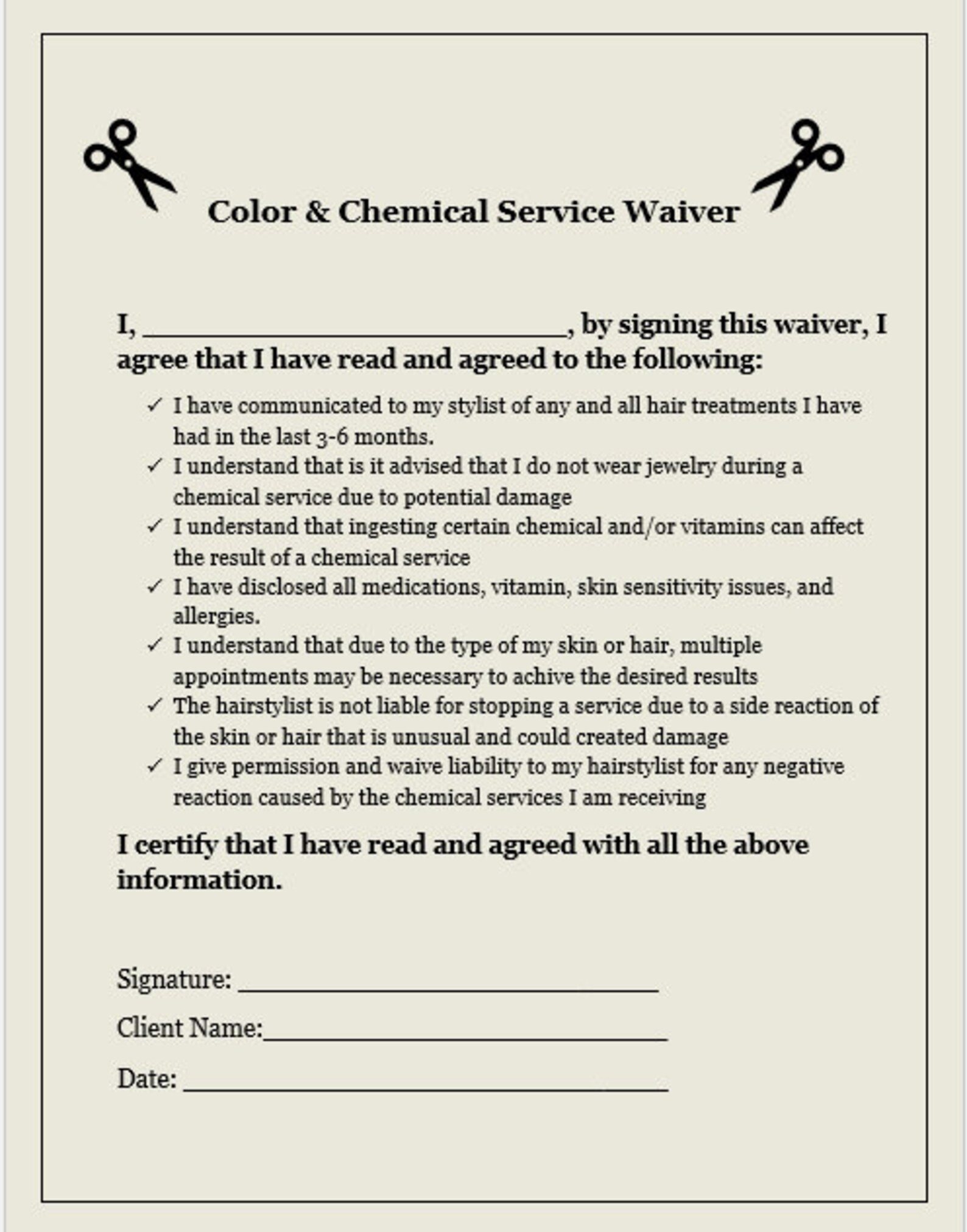 EASY Waiver color and Chemical Services Hair Stylist Form Salon