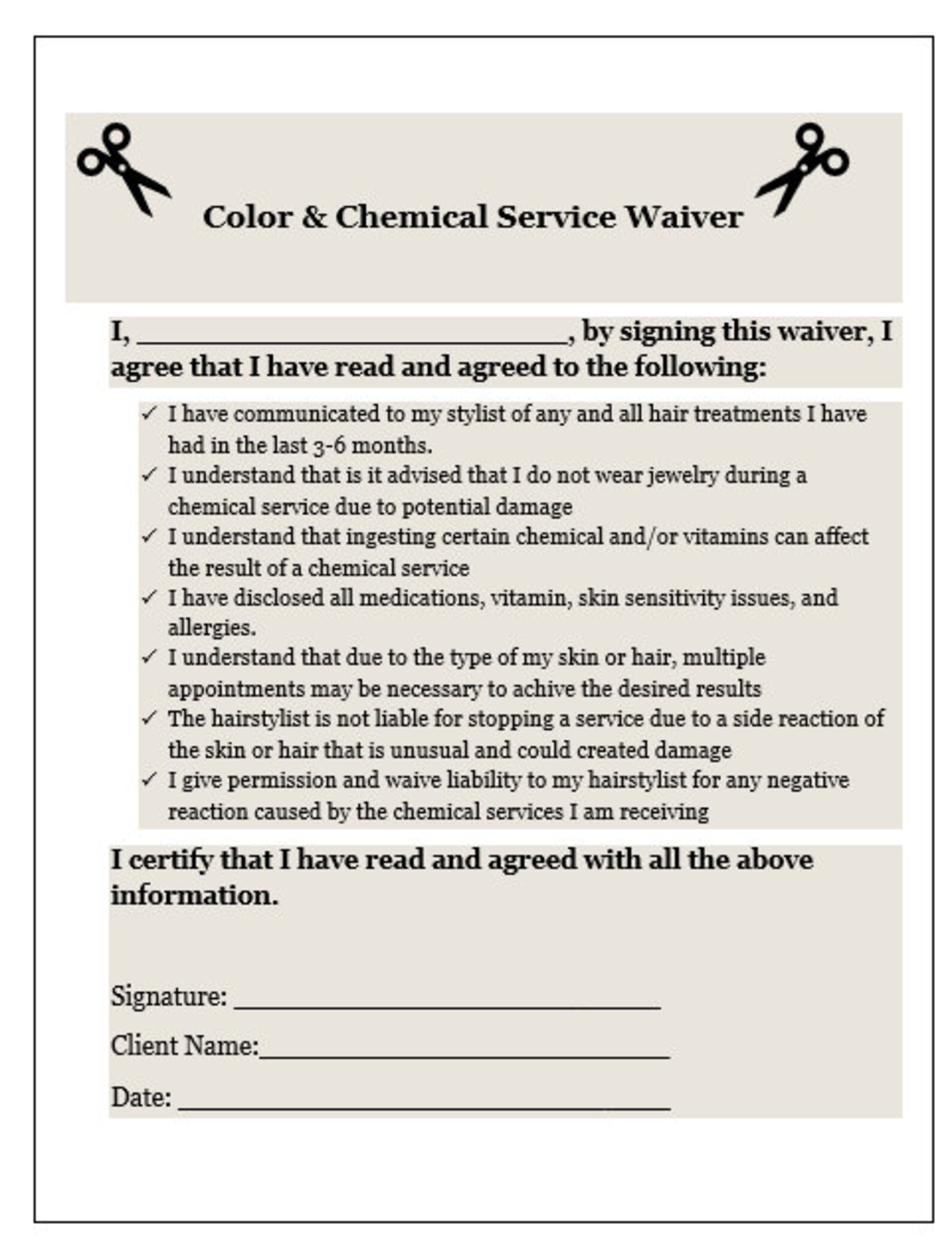 EASY Waiver color and Chemical Services Hair Stylist Form Salon