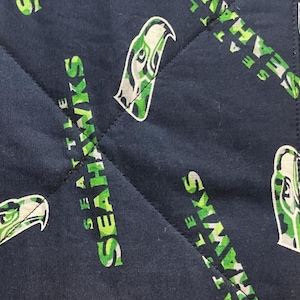Seattle Seahawks Potholder | 7” Quilted Hot Pad with 2.5” Hanger | 12th Man Kitchen Decor in Blue & Green | Cotton + Insul-Brite | Handmade