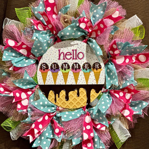 Welcome wreath, Front door wreath, Spring wreath. Summer  ice cream