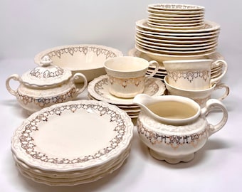 Antique 1937 C. C. Thompson Pottery Mayfair Dinnerware Set 22k Gold C.C.T.P. Co - Thompson Pottery - Plates Bowls Cups - Antique Dinnerware