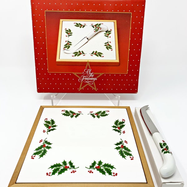 R.H. Macy’s All The Trimmings 1986 Vintage Christmas Holly & Berries Ceramic Tile Trivet w/ Cheese Knife - Cutting Board