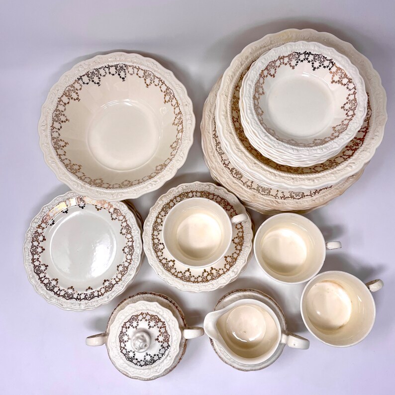Thompson China Patterns Antique 1937 C. C. Thompson Pottery Mayfair Dinnerware Set 22k Gold C.C ...