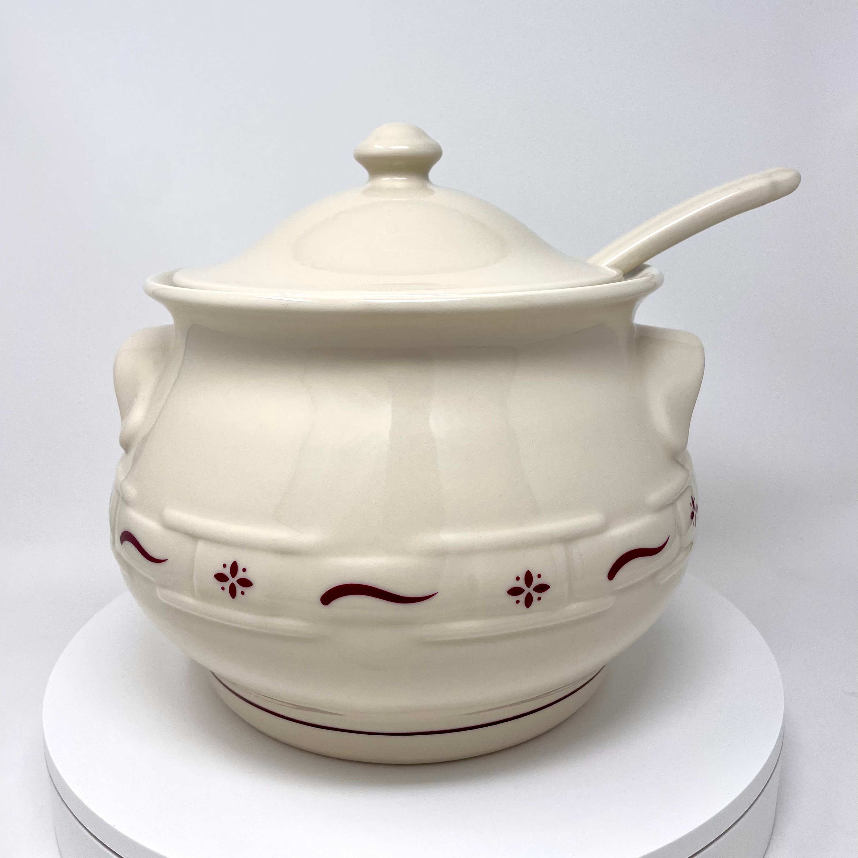 Longaberger Pottery Woven Traditions Red Soup Tureen W/ Ladle 