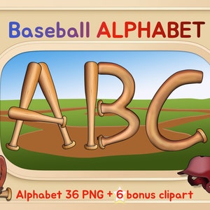 Baseball Alphabet Letters, Wood Bat Theme, and Clipart