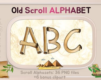May include: A set of 36 PNG files featuring an alphabet in a scroll style. The letters A, B, and C are shown in the image. The letters are brown and have a textured look. The image also includes a scroll with a green leaf, pyramids, and a Roman Colosseum.