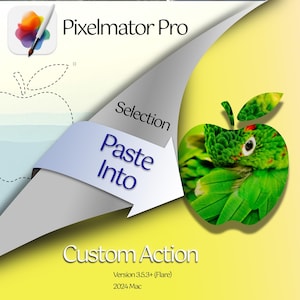 Könnte beinhalten: Eine Grafik, die einen grünen Papagei in einer Apfelform zeigt. Der Text "Selection" und "Paste Into" befindet sich auf einem grauen Hintergrund. Der Text "Custom Action" befindet sich unterhalb der Apfelform. Der Text "Version 3.5.3+ (Flare)" und "2024 Mac" befindet sich unterhalb des Textes "Custom Action".