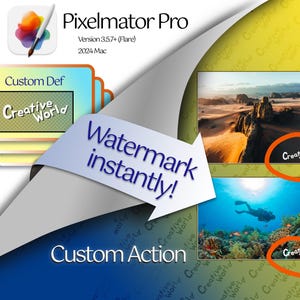 Könnte beinhalten: Screenshot eines Computerbildschirms, der die Benutzeroberfläche der Software Pixelmator Pro zeigt. Die Software wird zur Fotobearbeitung verwendet und bietet Funktionen zum Hinzufügen von Wasserzeichen und benutzerdefinierten Aktionen. Das Bild zeigt eine Wüstenlandschaft und eine Unterwasserszene mit dem Text "Creative World", der in beiden Bildern erscheint.