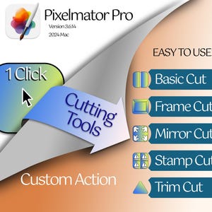 Könnte beinhalten: Ein Computerbildschirm zeigt die Software Pixelmator Pro mit dem Text "1 Click Cutting Tools" und "Custom Action". Der Bildschirm zeigt eine Liste von Schneidewerkzeugen: Grundschnitt, Rahmenschnitt, Spiegelsnitt, Stempel-Schnitt und Trimmen.