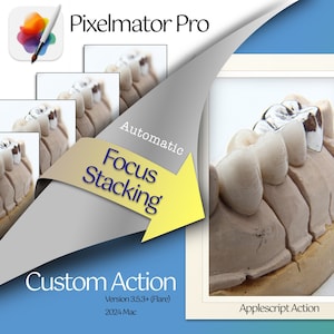 Può includere: Uno screenshot di uno schermo di computer che mostra un programma software chiamato Pixelmator Pro. Il programma viene utilizzato per l'editing di foto e lo screenshot mostra una funzione chiamata "Focus Stacking" che viene utilizzata per creare un'immagine nitida da più immagini con diversi punti focali. Lo screenshot mostra anche un'azione personalizzata per il programma chiamata "Applescript Action".