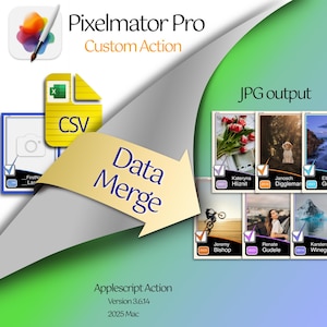 Könnte beinhalten: Eine Grafik, die für die benutzerdefinierte Aktionsfunktion von Pixelmator Pro wirbt, mit dem Text "Data Merge" und "JPG output". Das Bild enthält Symbole für CSV- und Fotodateien sowie eine Reihe von Miniaturansichten von Fotos. Der untere Teil des Bildes zeigt "Applescript Action" und Versionsinformationen.