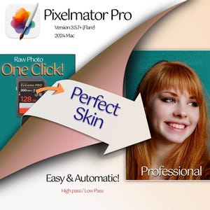 Könnte beinhalten: Ein Computerbildschirm zeigt eine Software-Werbung für Pixelmator Pro, ein Fotobearbeitungsprogramm. Die Anzeige zeigt eine Frau mit roten Haaren und den Text "Perfect Skin" und "Easy & Automatic! High pass/Low Pass".
