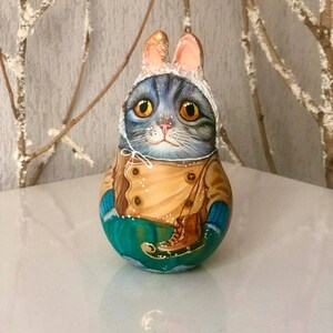 Matryoshka, Wooden Rattle Cat &#39;Hare with skates&#39;, Roly-Poly Ukrainian Doll, Сollectible Doll, Musical Toys, Toddler toy, Author&#39;s Matryoshka