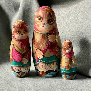 Exclusive Wooden doll with Cats &quot;Cats on skates&quot; 3pcs, Matryoshka, Nesting doll, Hand painted decor, Author&#39;s matryoshka, Unique design,Cats