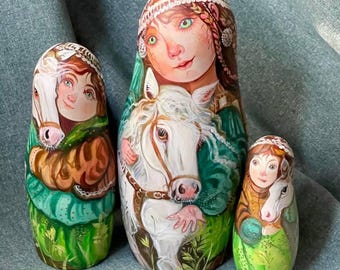 Matryoshka de 7" 3 peças, bonecas de madeira colecionáveis - Breeze, boneca russa, pintada à mão, decoração para casa, exclusiva, matryoshka de autor, presente legal