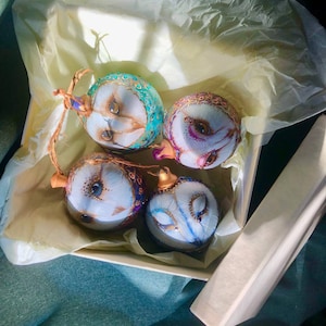 Christmas decorations 4pcs &#39;Owls&#39;, Christmas gift, Hand painted decor for Christmas tree, Matryoshka, Сollectible egg, Favorite wooden owls