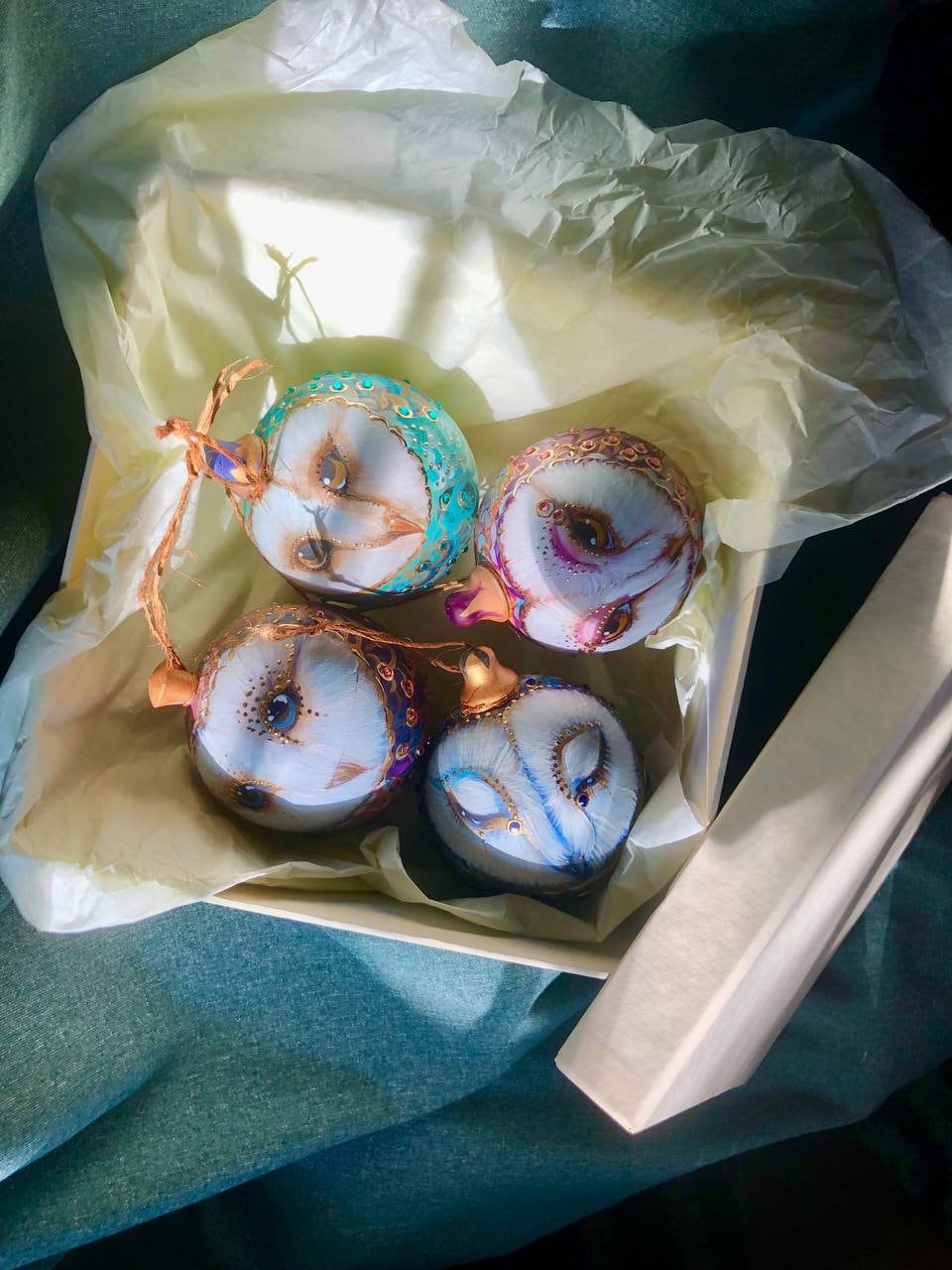 Christmas decorations 4pcs 'Owls', Christmas gift, Hand painted decor for Christmas tree, Ma