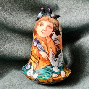 Matryoshka, Wooden Rattle &quot;Angel over the city&quot;, Roly-Poly Doll, Сollectible Dolls, Musical Toys, Tilting Doll,Author&#39;s Matryoshka,Exclusive