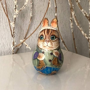 Matryoshka, Wooden Rattle Cat &#39;Hare with skates&#39;, Roly-Poly Ukrainian Doll, Сollectible Doll, Musical Toys, Toddler toy, Author&#39;s Matryoshka