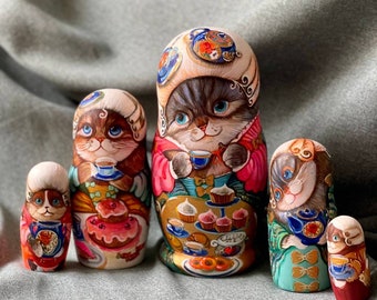 Matryoshka 5pcs, Exclusive wooden dolls with cats 'tea party', Nesting doll, Favorite wooden cats, Hand painted decor, Author's matryoshka