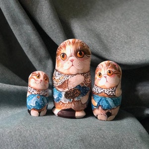 Matryoshka 3pcs, Exclusive wooden dolls with cats &quot;Cats in blue&quot;, Nesting doll, Cats, Hand painted decor, Author&#39;s matryoshka, Unique design