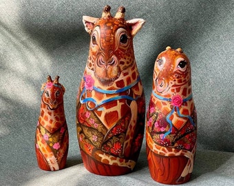 Matryoshka 3pcs, Exclusive wooden dolls with giraffe, Nesting doll, Hand painted decor for home, Сollectible doll, Author's work, Exclosive