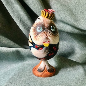 Art egg &quot;Cat-Dessert With Cherries&quot;, Wooden egg, Favorite wooden cat, Hand painted decor, Author&#39;s matryoshka, Nesting toy,Exclusive artwork