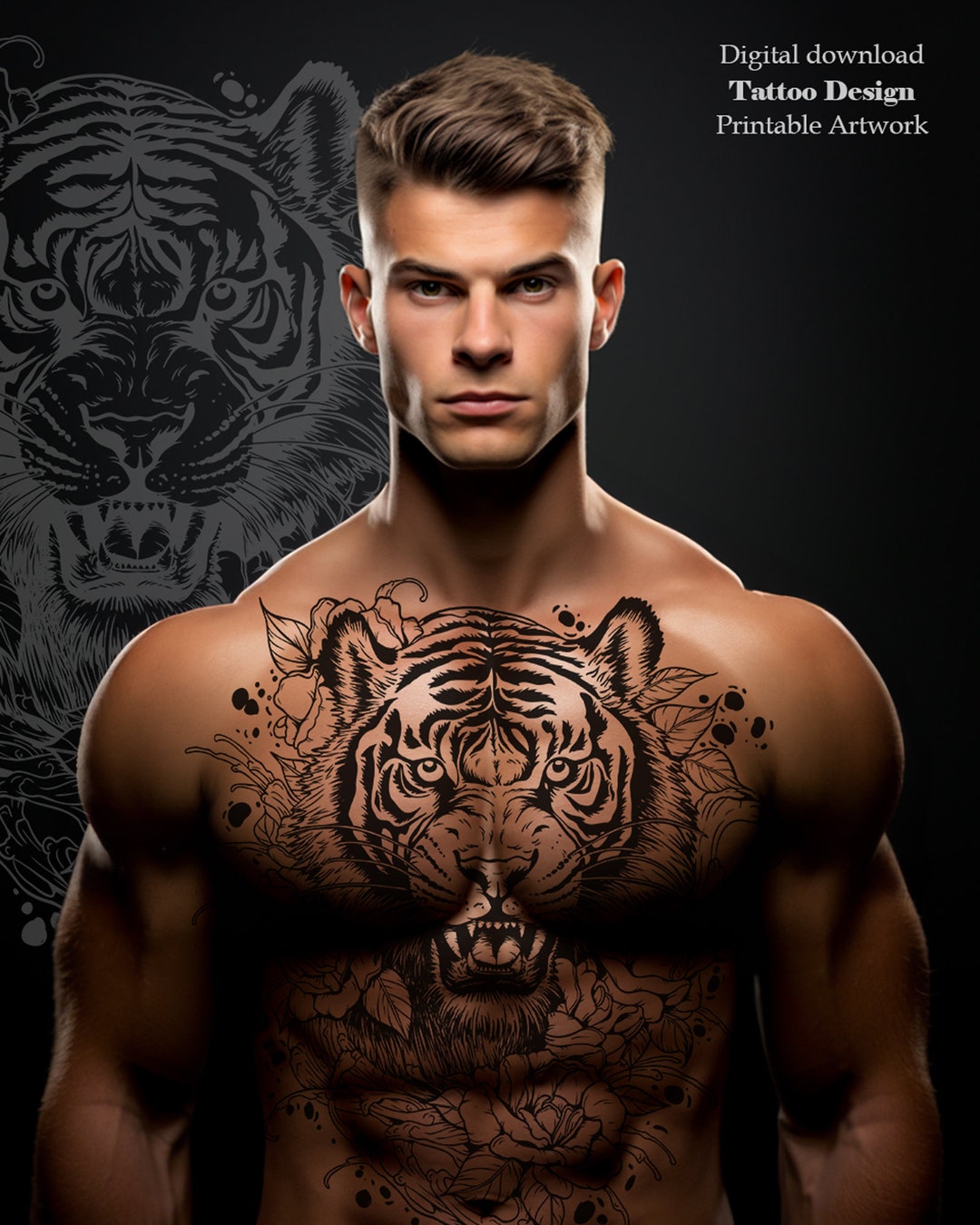 Tattoo Design Svg,tiger With Peony,tattoo Art Svg,tattoo Art Print