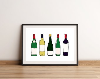 Wine Bottles Print | Art Print | Wine Print | Digital Illustration | Wall Art | Wine Art | Kitchen Art| Digital Download