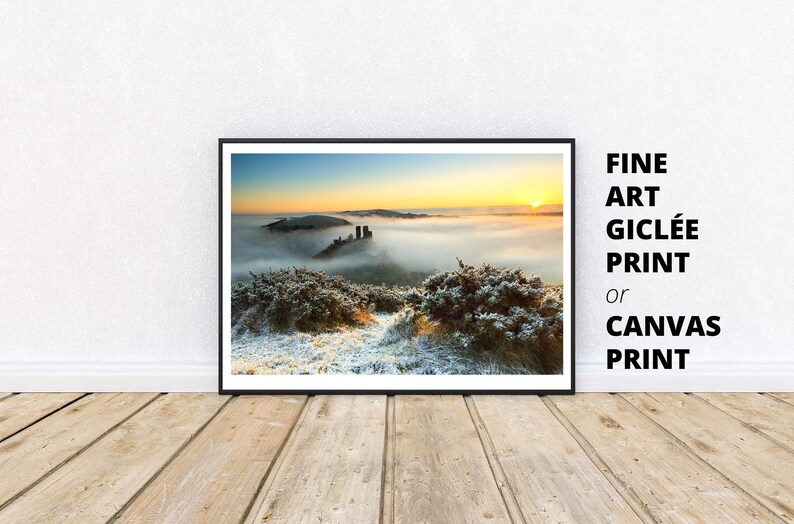 Choice of sizes Poster Print Corfe Castle in the Snow on a misty morning Dorset Photograph Canvas Print