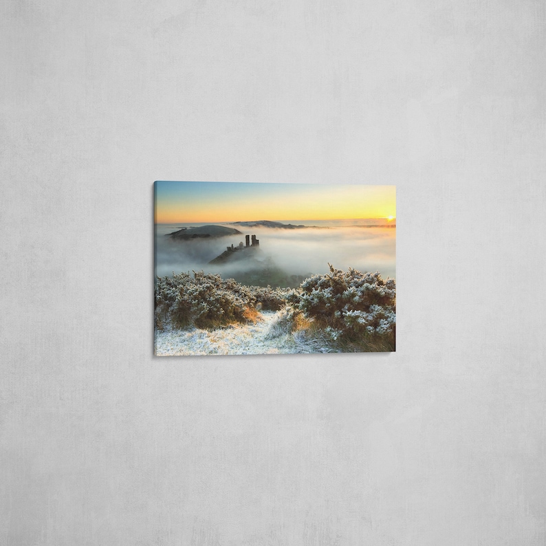 Choice of sizes Poster Print Corfe Castle in the Snow on a misty morning Dorset Photograph Canvas Print