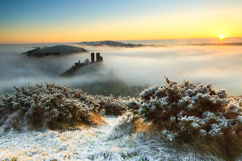 Choice of sizes Poster Print Corfe Castle in the Snow on a misty morning Dorset Photograph Canvas Print