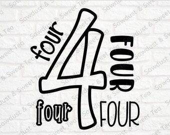 May include: Black and white graphic design featuring the number four with the word "four" repeated around it. The design is perfect for a birthday party or other celebration.