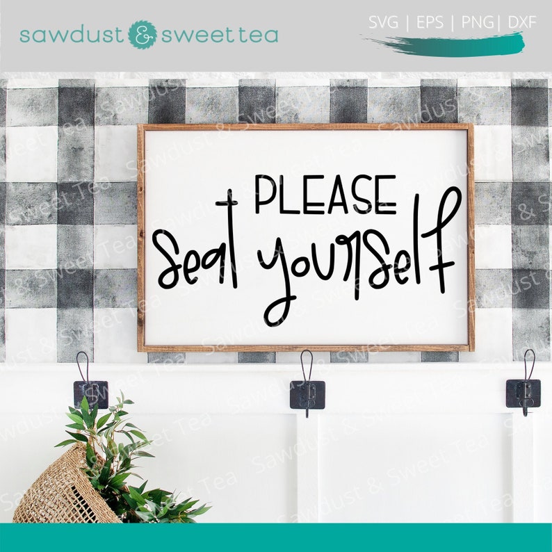 May include: A white sign with a black wooden frame hanging on a black and white checkered wall. The sign says "PLEASE Seat yourself".